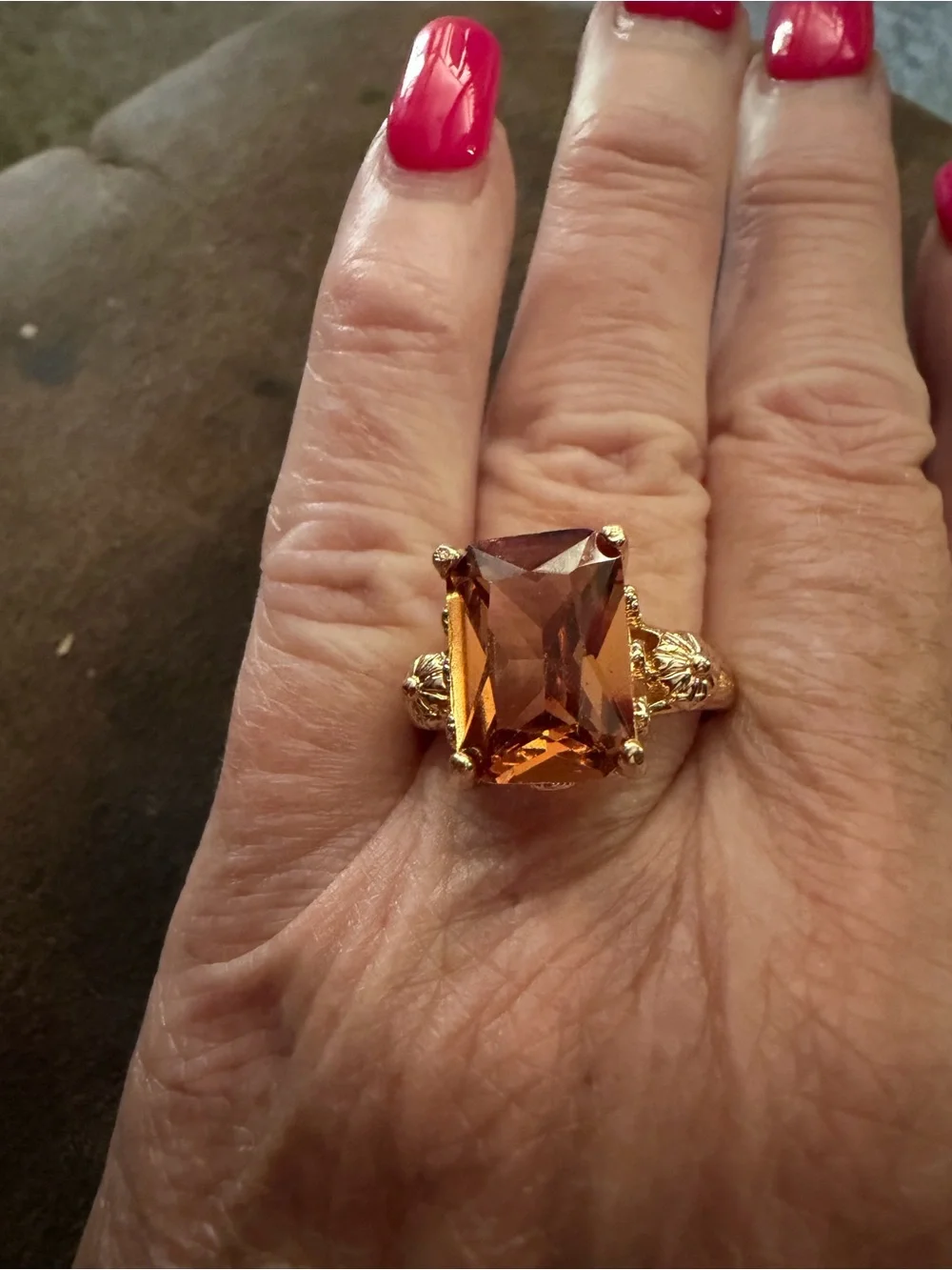 Gold-Plated Ring with Rectangular Amber Stone - Elegant Women's Jewelry